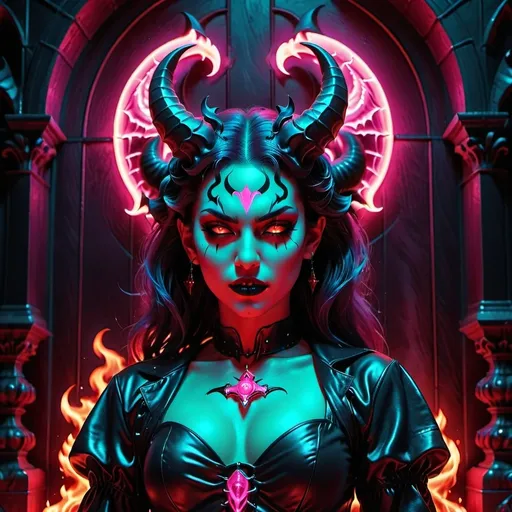 Prompt: beautiful female demon, hell, demonic, gothic, vaporwave, retro, neon, aesthetic, liminal, high quality, high definition, beautiful, dramatic lighting