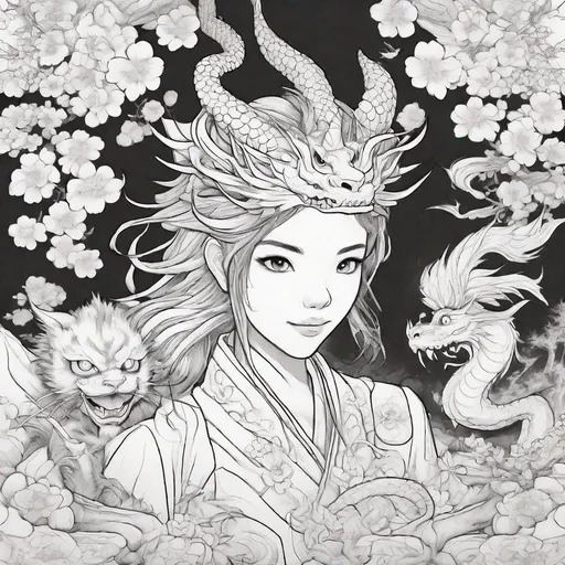 Prompt: coloring pages black and white line art of a girl standing in front of a dragon, chinese dragon, cherry blossoms, cat people
