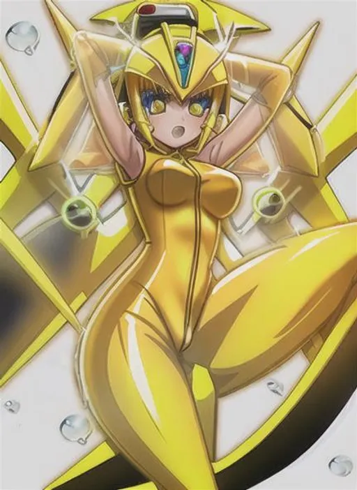 Prompt: Yellow Gadget Power Ranger girl in {sexy transparent} yellow Power Ranger Suit 