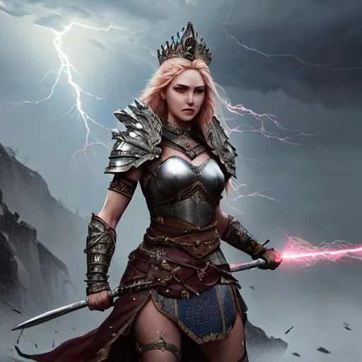 Prompt: A warrior queen on the battlefield, a thunderstorm, lightning, high wind, rain, hyperdetailed features, photorealistic, high quality, trending on artstation, intricately detailed, full length