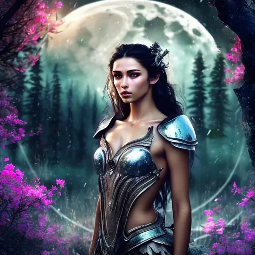 Prompt: HD 4k 3D 8k professional modeling photo hyper realistic beautiful young warrior woman ethereal greek goddess of the hunt, wilderness, animals and the moon
black hair gorgeous face fair skin silver shimmering dress full body surrounded by moons glowing light hd mystical landscape at night background of forest trees, flowers, stars, moon, weapons, animals, deer