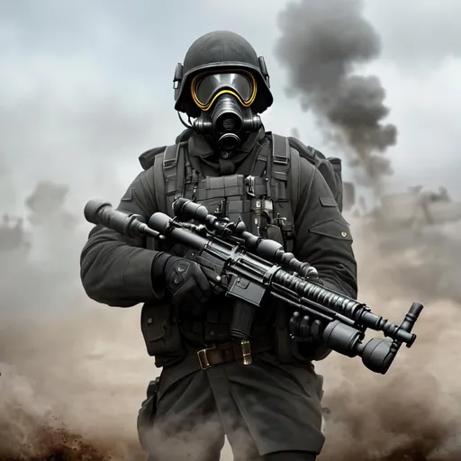 Prompt: Several mordern male black color with gas mask black,  the trenches warfare, Highly Detailed, Hyperrealistic, sharp focus, Professional, UHD, HDR, 8K, Render, electronic, dramatic, vivid, pressure, stress, nervous vibe, loud, tension, traumatic, dark, cataclysmic, violent, fighting, Epic, 

