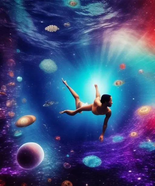 Prompt: Swimming in universe waters