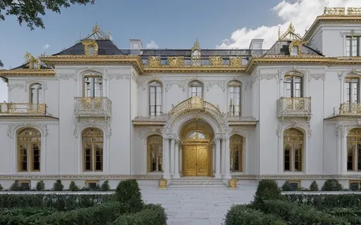Prompt: Forme dieses Haus in einen prächtigen Palast des 19. Jahrhunderts aus Preußen um, mit einer Fassade aus feinem, weißem Stein und einer Dachlandschaft aus dunklen Schieferplatten. Setze einen Fokus auf kunstvollen Stuck und vergoldete Elemente, wie zarte Blattornamente, filigrane Gesimse und eine imposante Eingangstür mit einem vergoldeten Kruzifix und schweren, messingvergoldeten Beschlägen. Die Fenster sind mit fein gearbeiteten, weißen Stuckelementen umrahmt und haben dünne, goldene Sprossen. Der Palast ist in einem warmen, klassizistischen Stil gehalten, mit einer symmetrischen Fassade und einer prächtigen, mit Stuck verzierten Kuppel in der Mitte.