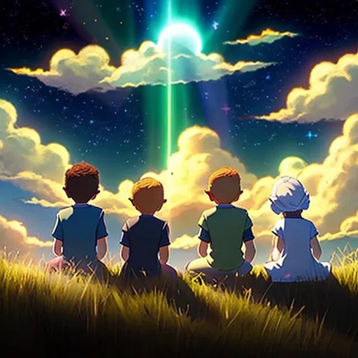 Prompt: Sky children of the light character gazing into the sky with other friends, green prairie