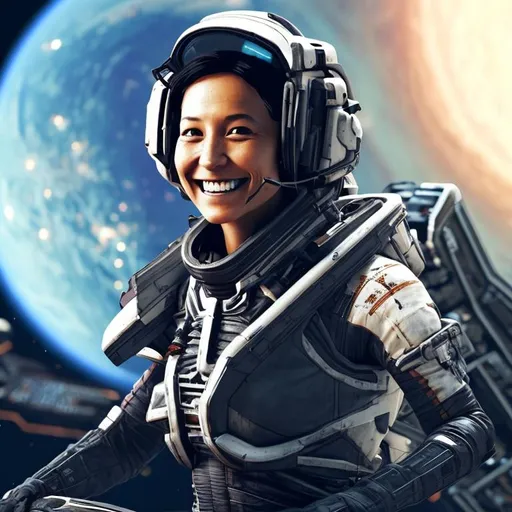 Prompt: sci fi pilot 
native american female 40 years old in elite dangerous black flight suit smiling 