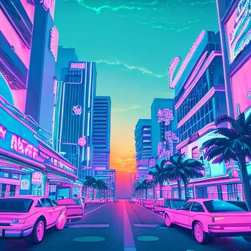 Prompt: vaporwave city, neon lighting, beautiful sunset, palm trees. Retro 