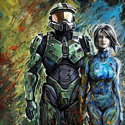 Prompt: Master Chief and Cortana
painted in the style of Jackson Pollock