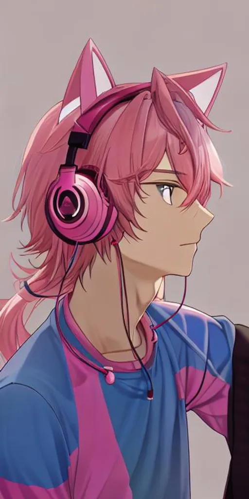 Prompt: pink haired male with pink cat ears headphones

