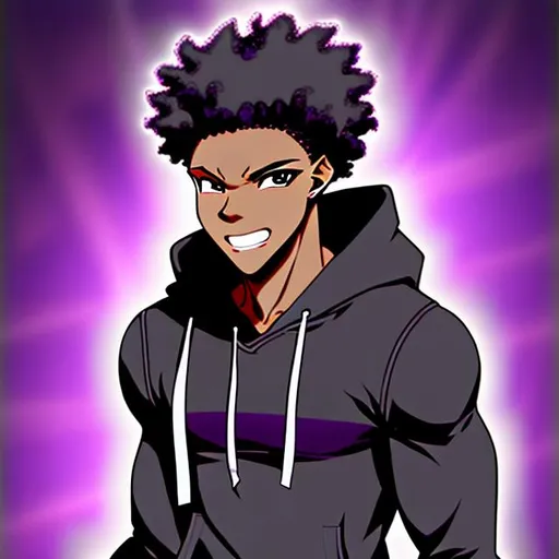 Prompt: Male Black anime character with purple powers and medium length curly hair with a hoodie lightskin fullbody muscular powerful