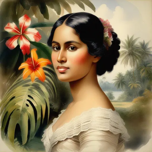 Prompt: (watercolor painting), portrait, half body, tropical garden, tropical flowers, beautiful Indonesian woman, (1870, Victorian clothes, lace shawl round shoulders), (round face, high cheekbones, almond-shaped brown eyes, epithanic fold, long wavy black hair, small delicate nose, slightly flattened nose bridge, wide nasal base, light tan skin), style Elizabeth Murray, Watercolor, trending on artstation, sharp focus, studio photo, intricate details, highly detailed, by greg rutkowski