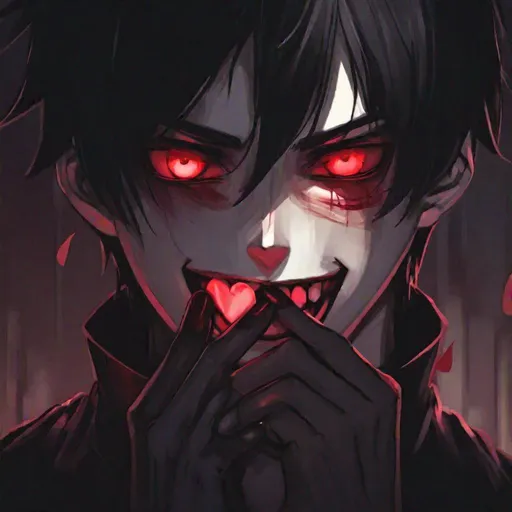 Prompt: Damien (male, short black hair, red eyes) smiling sadistically, eyes wide open, hearts around him, hand covering his mouth