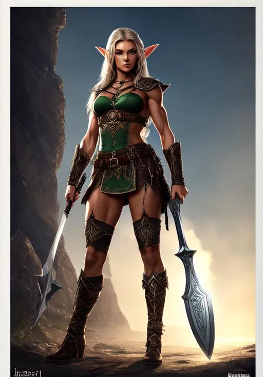 Prompt: UHD, , 8k, high quality, poster art, (( Aleksi Briclot art style)), hyper realism, Very detailed, full body, muscular, view of a young female elf, holding a large battle axe, dark skin. mythical, ultra high resolution, light and shading in 8k, ultra defined. 