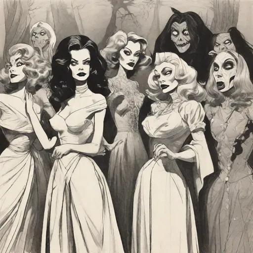 Prompt: a close up of a drawing of a group of women in costumes, godesses, wicked, vintage horror art, the council of spooky female monsters, elegant horror artwork, vintage horror, disney art, by Richard Mortensen, film art of character design, art in the style of disney, 1950's concept art ) ) ), tim burton comic book art