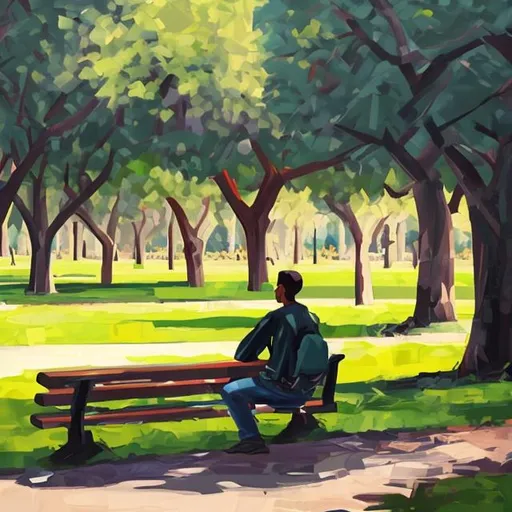 Prompt: oil on canvas art style of a 16:9 image of a young man sitting on a park bench in a large park filled with lots of trees and grass
