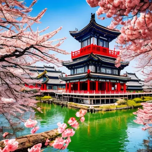 Prompt: A breath taking view of a traditional Chinese pagoda floating in the middle of the sunny sky surrounded by cherry blossom trees  beautiful multi colourful crowded with magical people beautiful fantasy fairy tale fairy core 