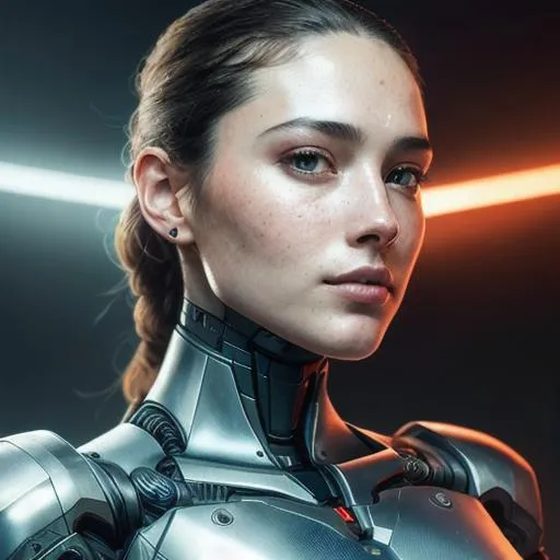 Prompt: ((best quality)), ((masterpiece)), ((realistic)), (detailed), portrait, close up, woman, robot, red eyes, concept art, inspired by Marek Okon, digital art, Crysis Nanosuit, futuristic, freckles, highly detailed skin, looking at the viewer, cyberpunk art, stunning gradient colors, no watermark signature, detailed background, spaceship, hanger, closed mouth, insanely detailed, , ((masterpiece)), absurdres, HDR