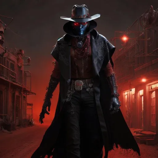 Prompt: Cyber Cowboy with 4 Arms, fiery red Poncho, Dressed in black duster and Stetson Cowboy Hat, with Red eyes, Haunting Presence, Intricately Detailed, Hyperdetailed, Desert Wild West Landscape, Dusty Midnight Lighting, Wild West Feel