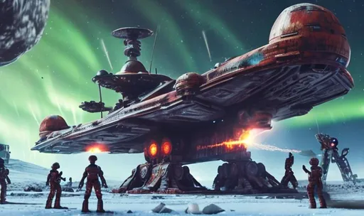 Prompt: huge old rusty spaceship getting repaired  by robots ice planet sparks fire welding people working aurora many colours   guard drinking milk enhance detail turret on spaceship real soldier thin landing gears symmetrical ship 