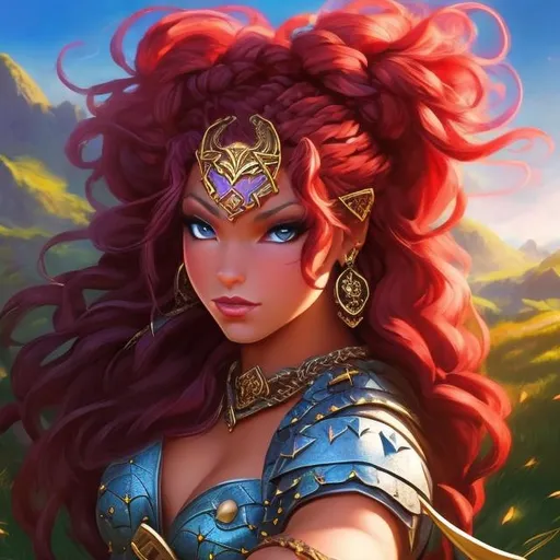 Prompt: D&D fantasy, dwarf girl, dark skinned woman with {{braided Wine red hair}} & {{dark blue eyes}}, Studded leather armor. hip hop, street fighter, muscular women. Planets in sky, grassy plains. Full body, full body picture, perfect eyes, symmetrical face, Perfect feet if present, perfect hands if present, perfect 5 fingers is visible. The entire image should be very intricate and extremely detailed with excellent lighting, ray tracing, high contrast, vivid detail, and perfect composition. Full body image. Octane, 4k, trending, highest quality, soft, art, RPG, highres, illustration,
