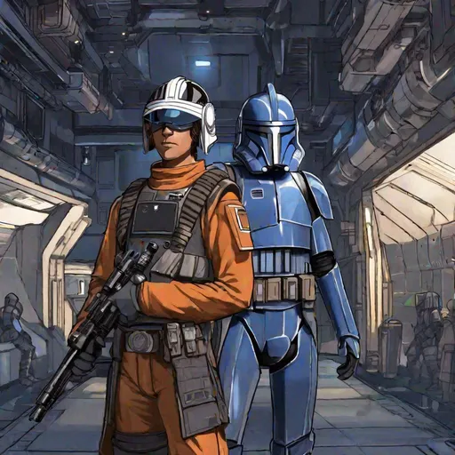 Prompt: Star wars rebel alliance male pathfinder. Dark blue armor uniform. He wears a clone helmet with a narrow t-shaped visor. In background a scifi alley. Rpg art. Star wars art. 2d art. 2d. Well draw face. Detailed. 