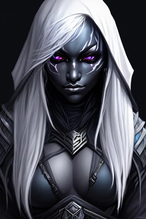 Prompt: portrait female drow assassin in a hood, natural eyes, high quality, photorealistic, realistic lighting