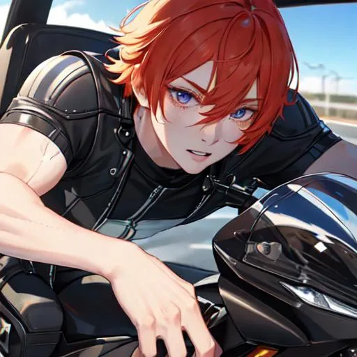 Prompt: Erikku male (short ginger hair, freckles, right eye blue left eye purple) muscular, riding a motorcycle on the freeway, UHD, 8K, Highly detailed, insane detail, best quality, high quality