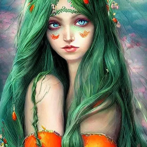 Prompt: Elven 
Orange long hair
Women
Pretty
Fantasy 
Art
Green eyes