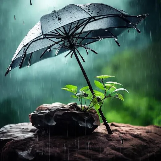 Prompt: Sapling on rocks shielded by black umbrella from rain