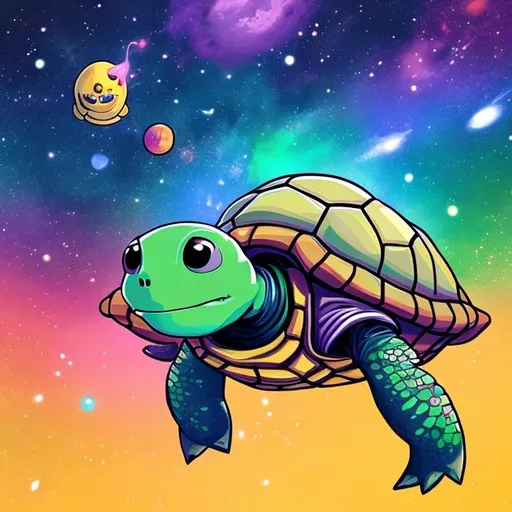 Prompt: A  cartoon space turtle in a colorful galaxy with a video game controller