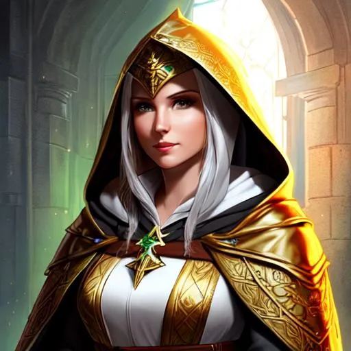 Prompt: robed cleric, dnd, elf, female, portrait, illustration, hooded, cape