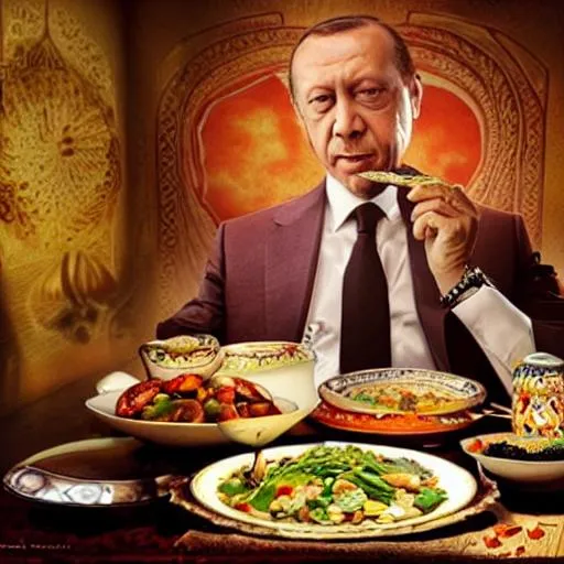 Prompt: recep tayyip erdoğan, lahmacun eating, magical, ambient lighting, dynamic lighting, atmospheric lighting, smoothly designed, intricate, vivid, highly detailed, bright eyes, intense, highly detailed face, highly detailed bodies, enticing, detailed body art, erect, hyper realistic, majestic, exciting. full body art