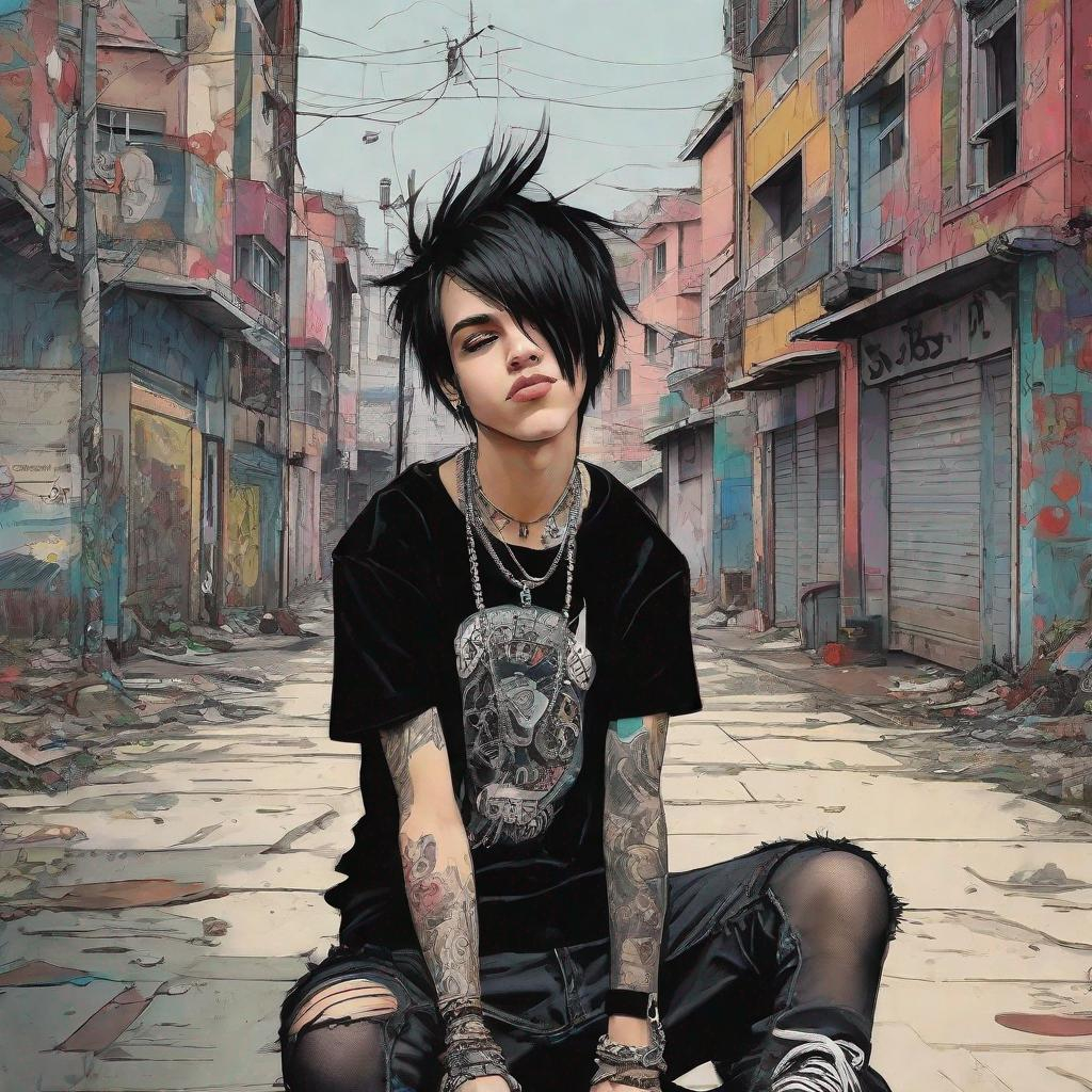 delinquent street punk in emo style clothes holding...