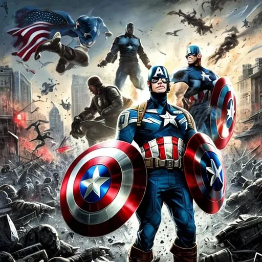 Prompt: Contemporary art, captain America, big, bright, shiny shield photo, realistic, war strife in the background chaos in the background bombs in the background