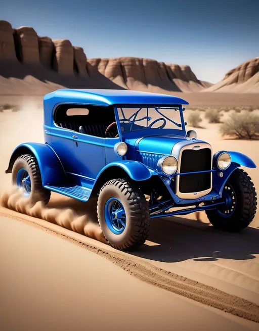 Prompt: (Ford Model B Deluxe), (off road Tesla Racecar), dynamic contrast of retro and modern design, rugged tire treads, sleek aerodynamic body, vibrant electric blue and metallic accents, set against a gritty desert backdrop, (high detail), competitive atmosphere, intense sunlight casting sharp shadows, capturing speed and power in motion, ultra-detailed, 4K quality.