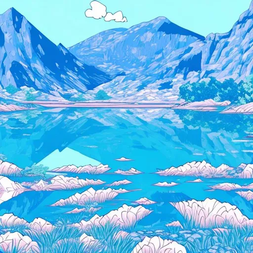 Prompt: lake manga digital style with blue colors