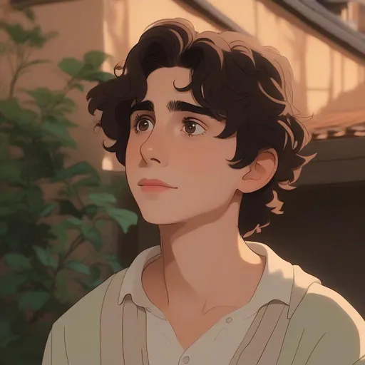 Prompt: ghibli character based off of timothee chalamet, scene from a ghibli movie, studio ghibli, consistent lighting and mood throughout