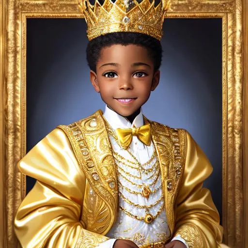 Prompt:  An intricately detailed Oil Painting of A 6 year old African American very handsome young Prince wearing an impressive gold and diamond crown. Dressed in white and gold highly ornate formal royal clothing, looking quite regal and like a little gentleman with a very pretty smile. Epic perspective. Digital art. Masterpiece quality. Fantasy art. Hyper detailed. 