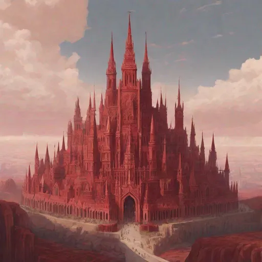 Prompt: a large kingdom made of red colored stone. with many tall spires.