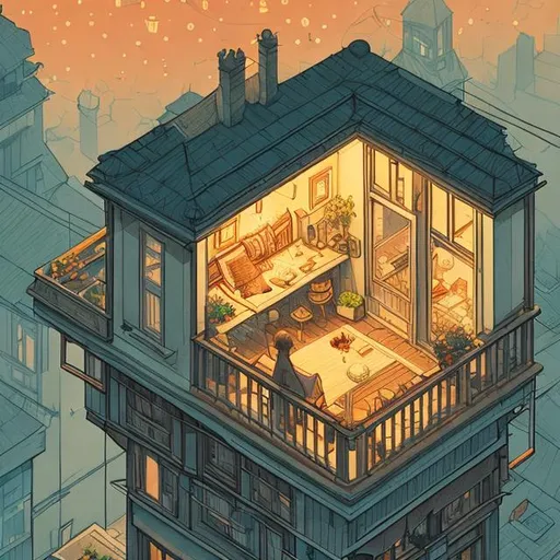 Prompt: isometric nostalgic illustration of a cozy balcony at night by demizu posuka sketch warm colors