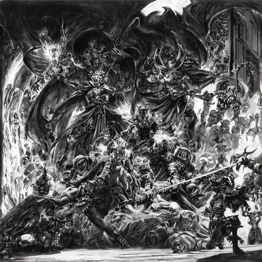 Prompt: Colorful, concept art for a game, a hero fighting an evil sorcerer in the throne room of the sorcerer's castle, high contrast, high resolution, by Kentaro Miura, by Frank Frazetta