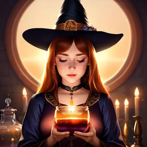 Prompt: A beautiful woman witch smelling a potion, wearing a silky dress, clevage visible, symmetrical face, freckles, bottom lighting, eyes closed, 