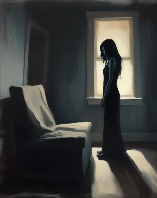 Prompt: A conceptual illustration depicting anxiety as a ghostly figure looming over a worried young woman alone in a dimly lit room. Heavy shadows and desaturated cool tones create an uneasy atmosphere. The woman's body language conveys tension and unease. Rendered in a moody, expressive painting style. Impasto pallette knife oil painting 