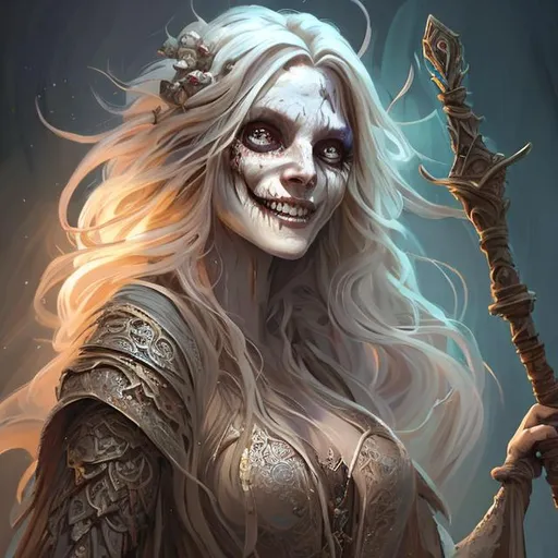 Prompt: Full body splash art portrait of a very pretty smiling female undead sorceress casting a spell, very long sand-colored hair with a fringe, wearing long light-colored iridescent robes, carrying a wooden staff, heroic, cute, brave, D&D, fantasy, intricate, highly detailed, sharp focus, digital painting, oil painting, master piece, artstation, concept art, 4k, 8k