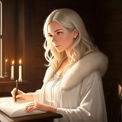 Prompt: ((Masterpiece, best quality))
{Alex Chow | Greg Rutkowski | ArtStation}.
Painting of a beautiful white woman in her 20s with (fluffy hair) writing with a ((quill)). (Soul: 1.6) (Characteristics: 1.6). (wood cabin background | candles)
Detailed face. Detailed eyes. Highly detailed. 
(UHD:1.2), HDR, 8K, Unreal Engine 5. Highly accurate lighting, and extraordinary reflection. 
