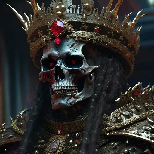 Prompt: "Insanely detailed face portrait photography of a majestic beautiful fierce Zombie King wearing filigree bone jewel armour and an ultrarealistic crown made of bones and thorns, intricate and hyperdetailed painting by Ismail Inceoglu Huang Guangjian and Dan Witz CGSociety ZBrush Central fantasy art album cover art 4K 64 megapixels 8K resolution HDR sharp focus zombiecore aetherpunk"