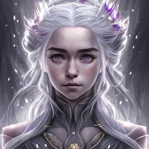 Prompt: anime portrait of Daenerys Targaryen, anime violet eyes, beautiful intricate long silver gold hair, shimmer in the air, symmetrical, in re:Zero style, concept art, digital painting, looking into camera, square image