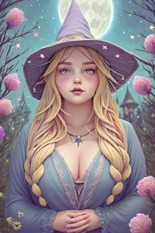 Prompt: beautiful plus size witch with long blonde hair, large chest, doing magic, wearing witch hat, cute, flowers, aesthetic, pastel, fairycore, disney, pixar, moon, stars, witchcraft, in a starry pastel sky, garden, sweet, dreamy, award winning illustration, artstation, highres, hyperrealistic, large eyes, celestial, sci-fi, fantasy, cottagecore, tarot card style, art nouveau