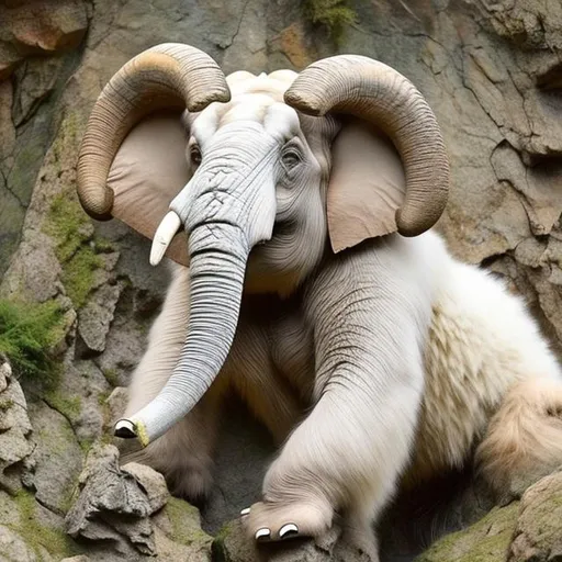 Prompt: an animal that  is a cross between a  mountain goat, a elephant, a budgerigar, a ram, a polar bear and a orangutan.