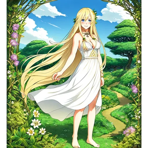 Prompt: (very long blonde hair: 5), sun in hair, light from behind, 22 years old, blue eyes, bare feet, cute face, freckles, neckline, full body, Ghibli landscape and vegetation, intricated, ads